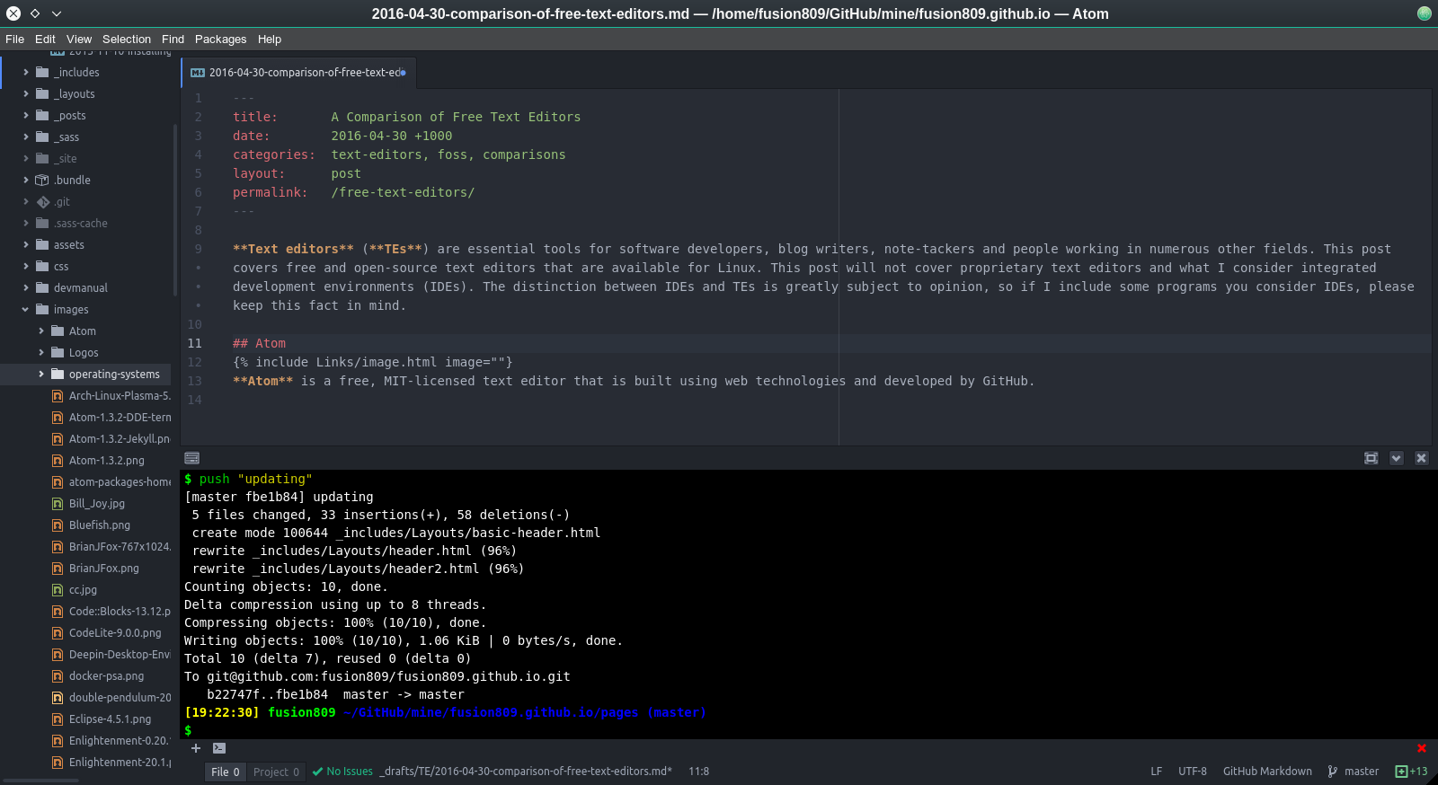 The Atom text editor (v1.7.2) opened to this very blog post, with an embedded terminal (provided by the `terminal-plus` package) shown