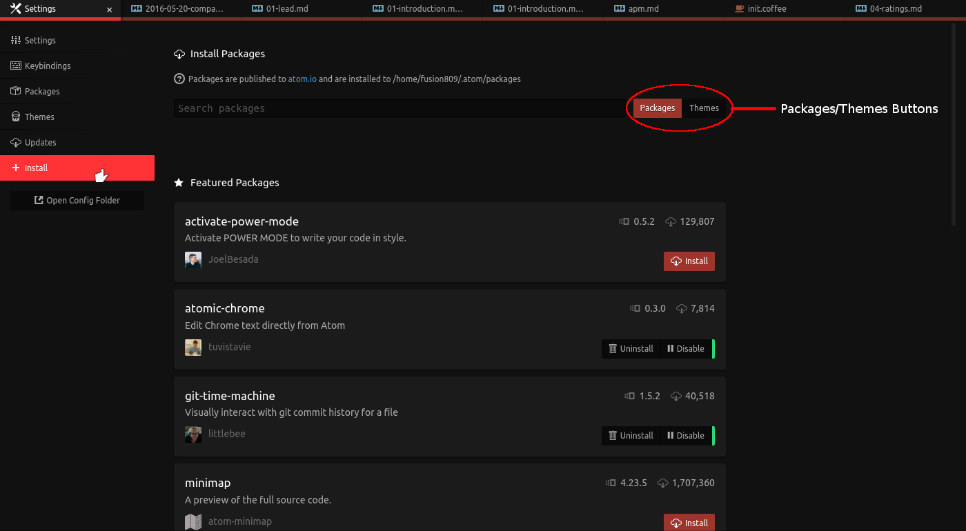 Atom 1.7.3 showing the Install menu in the Preferences Tab