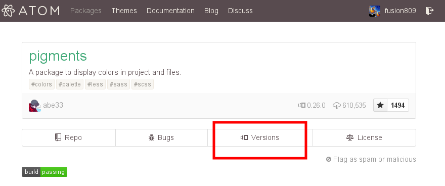 This is how one checks out the available versions of a package at https://atom.io/packages. Click the “Versions” tab in the red rectangle.