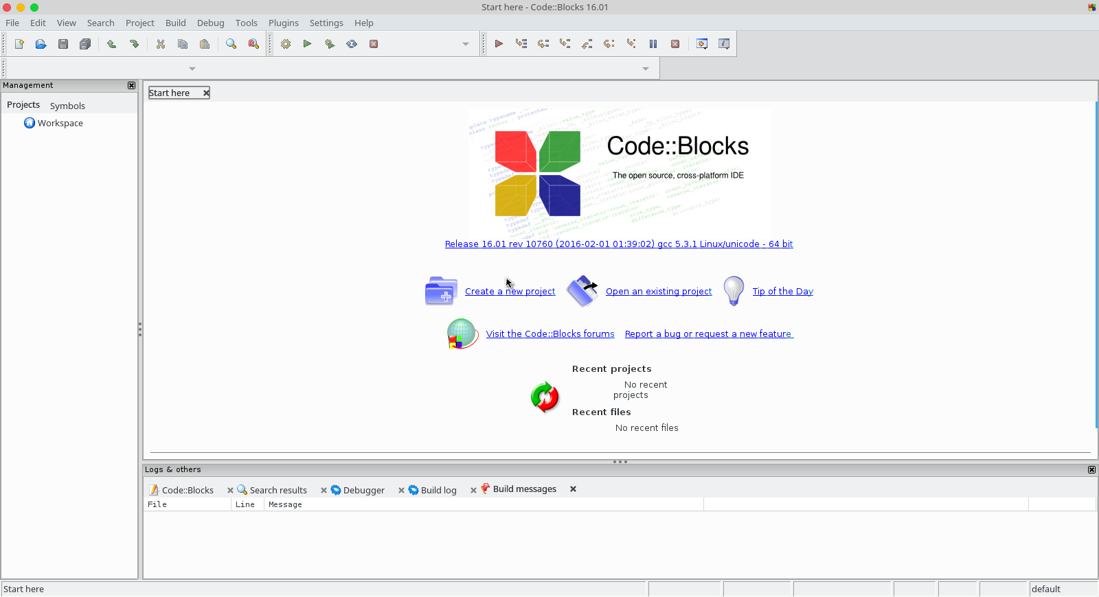 Code::Blocks 16.01 running under Ubuntu 16.04
