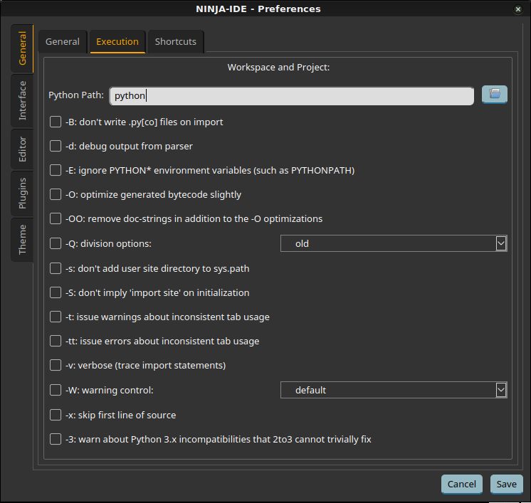 Ninja IDE Preferences Window