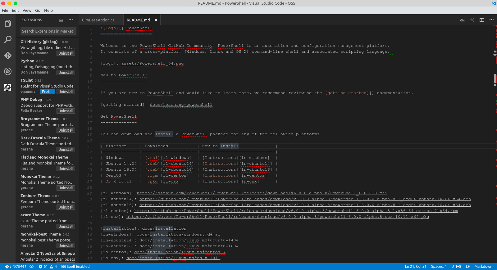 Visual Studio Code 1.4.0 running on Ubuntu 16.04. The mouse is over the Extension Gallery button