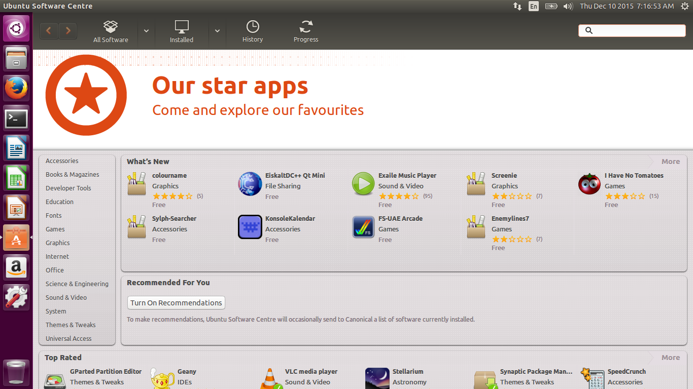The Ubuntu Software Center running on Ubuntu 15.10